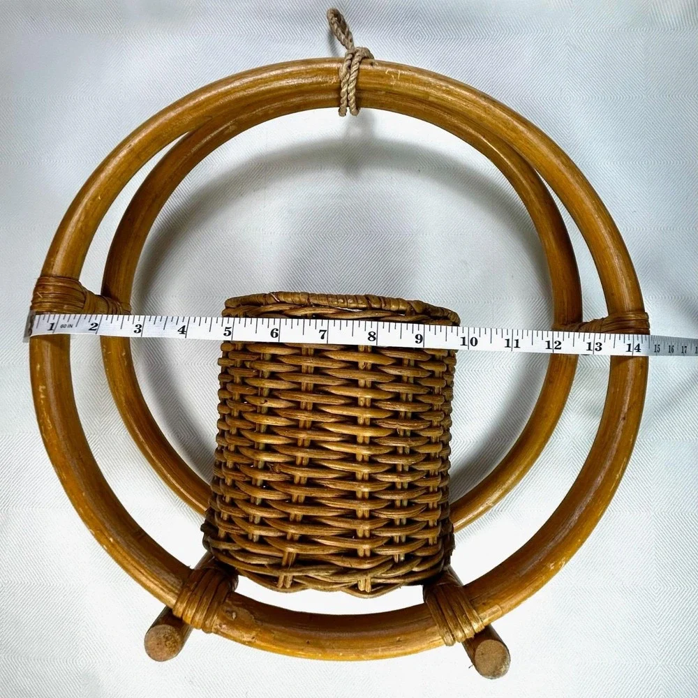 VTG Bent Bamboo Rattan Wood Hanging Basket Hoop Planter MCM/Boho 14